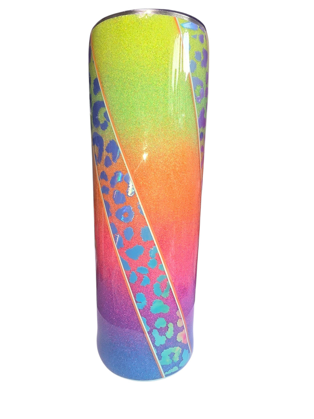 AngelMoon Creations stainless steel tumbler with a rainbow glitter gradient and a holographic leopard print stripe.