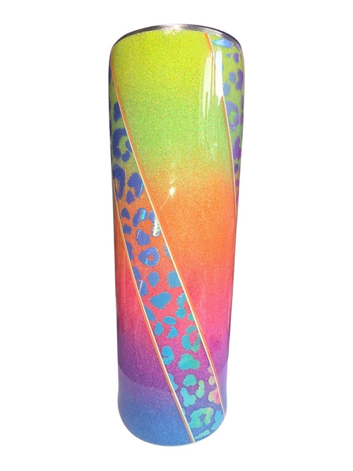 AngelMoon Creations stainless steel tumbler with a rainbow glitter gradient and a holographic leopard print stripe.